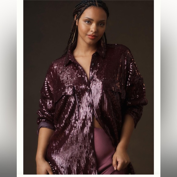 Anthropologie Pilcro Sequin Buttondown Shirt In Plum 2X - Picture 4 of 14
